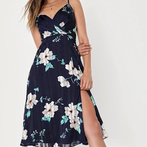 Lulus All About Love Navy Blue Floral Print Midi Dress Size XS NEW NWT - Picture 4 of 6